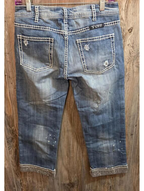 Cowgirl Tuff Denim Jeans "Party Pack" Distressed Sequin Capris Size 28W (29x24)